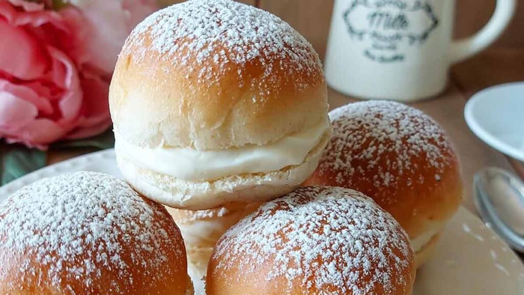 Douces brioches farcies à la crème avec un nuage de lait